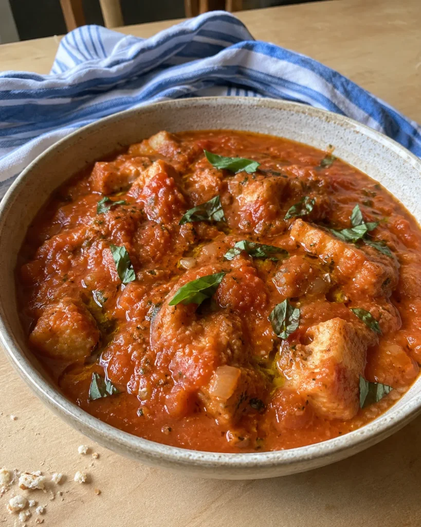Rustic Tomato and Bread Tuscan Soup Recipe with softened bread, fresh basil, and olive oil