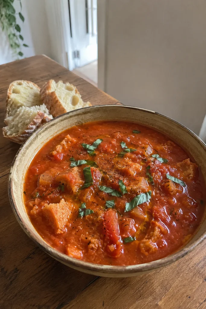 Rustic Tomato and Bread Tuscan Soup Recipe served with fresh basil and rustic Italian bread