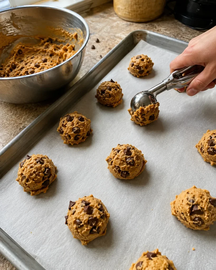 Scooping pumpkin chocolate chip dough onto a parchment-lined baking sheet