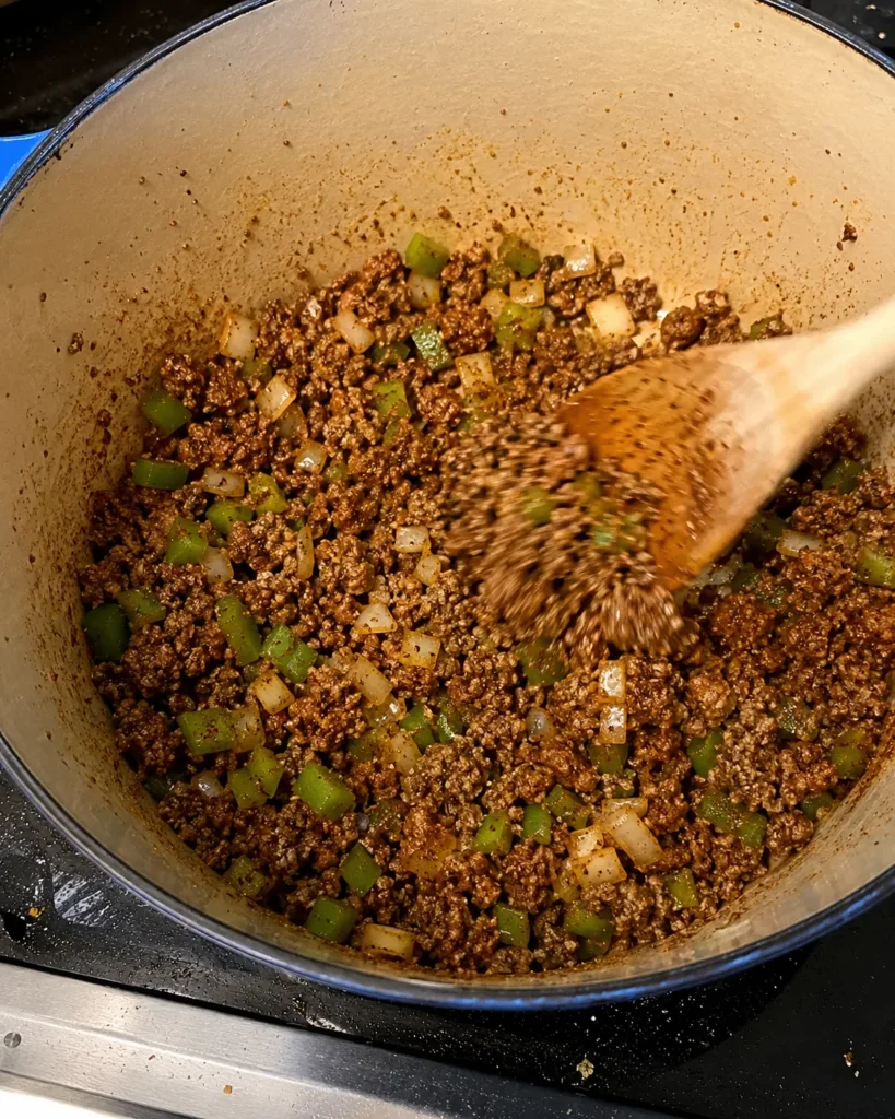 Ground beef, onion, bell pepper, and seasonings cooking for Cowboy Soup