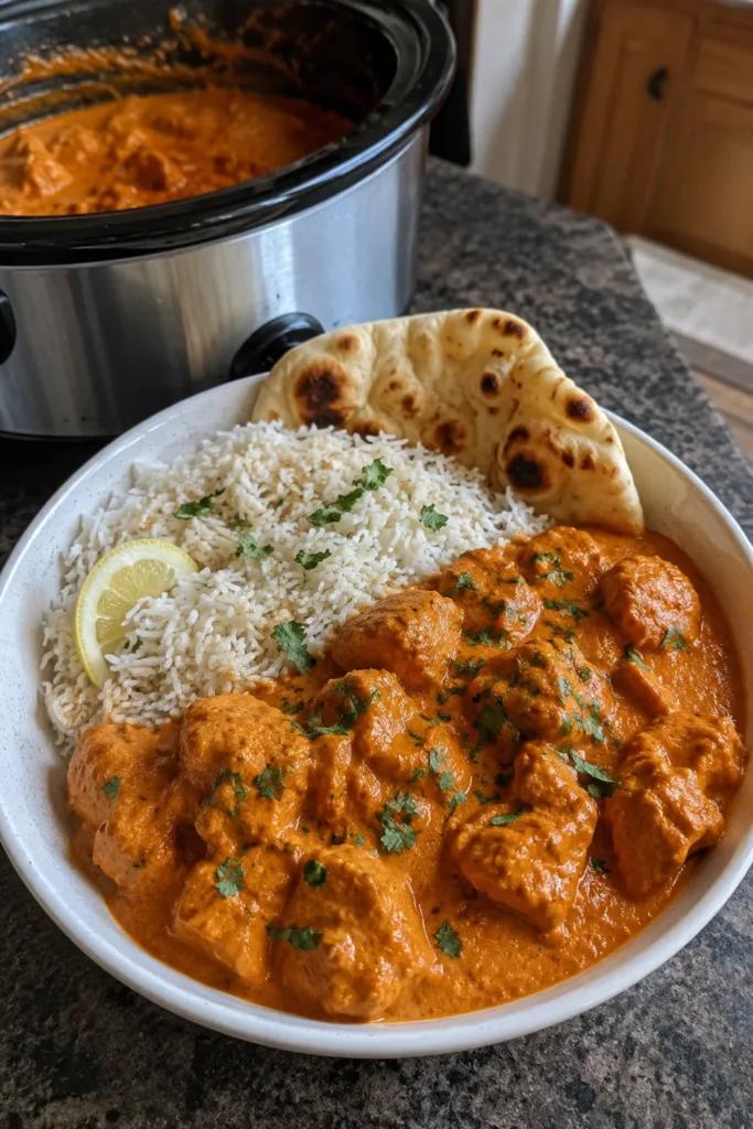 Slow cooker Crockpot Butter Chicken dinner with rice and naan