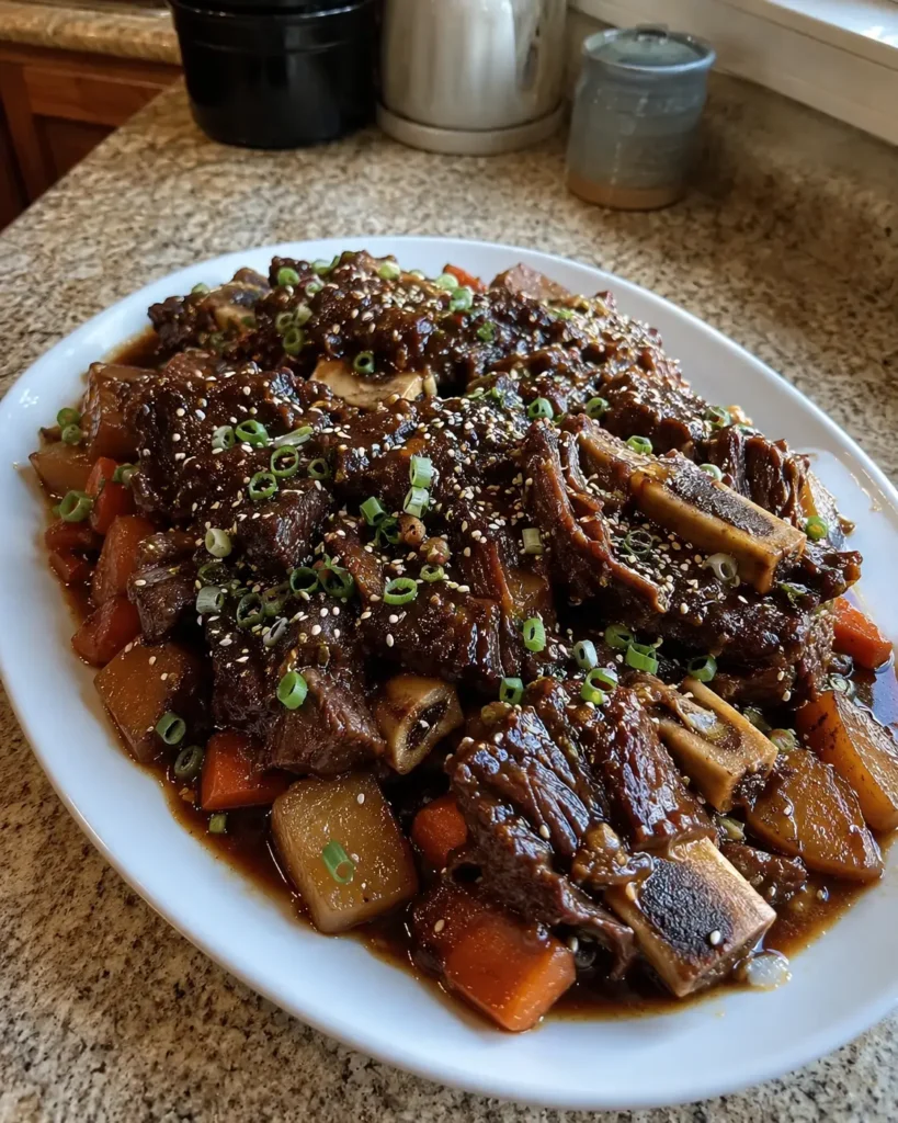Slow Cooker Korean Short Ribs with carrots, daikon, scallions, and sesame seeds