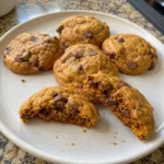 Soft pumpkin chocolate chip cookie broken open to show the tender pumpkin center