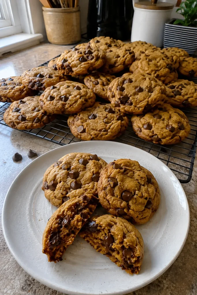 Fall Cookies with pumpkin spice and chocolate chips cooling on a baking rack