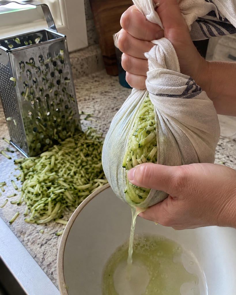 Shredded zucchini being squeezed dry before making Crispy Zucchini Fritters