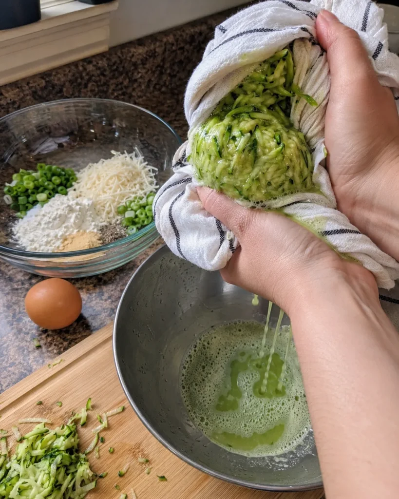 Squeezing grated zucchini dry before making Air Fryer Zucchini Fritters