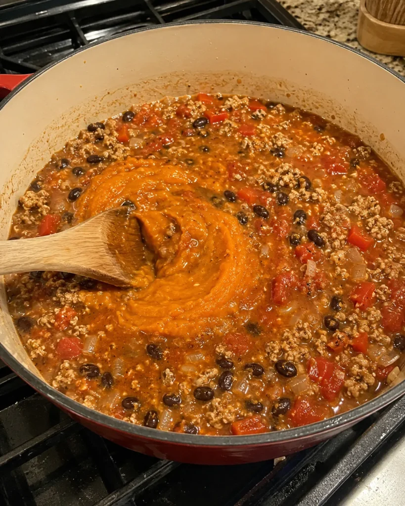 Pumpkin purée being stirred into turkey chili with black beans and tomatoes