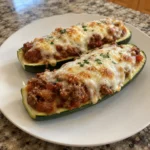 Two Stuffed Zucchini halves filled with beef and tomato sauce and topped with mozzarella
