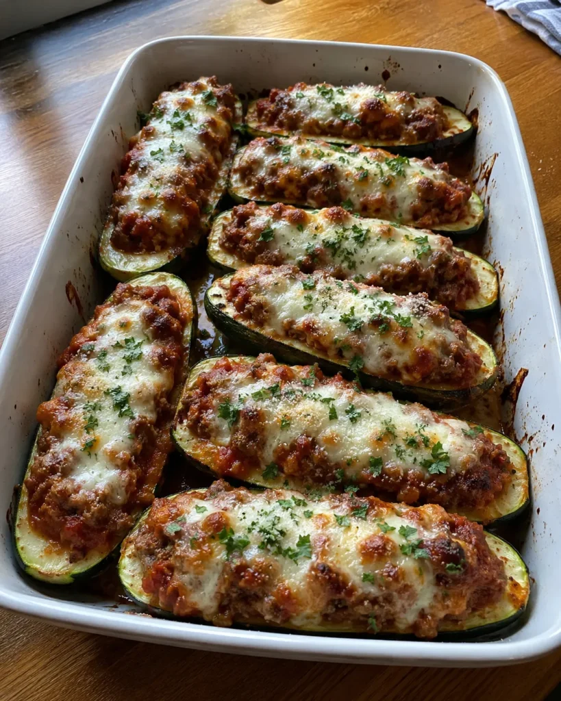 Stuffed Zucchini with ground beef, marinara, Parmesan, and melted mozzarella