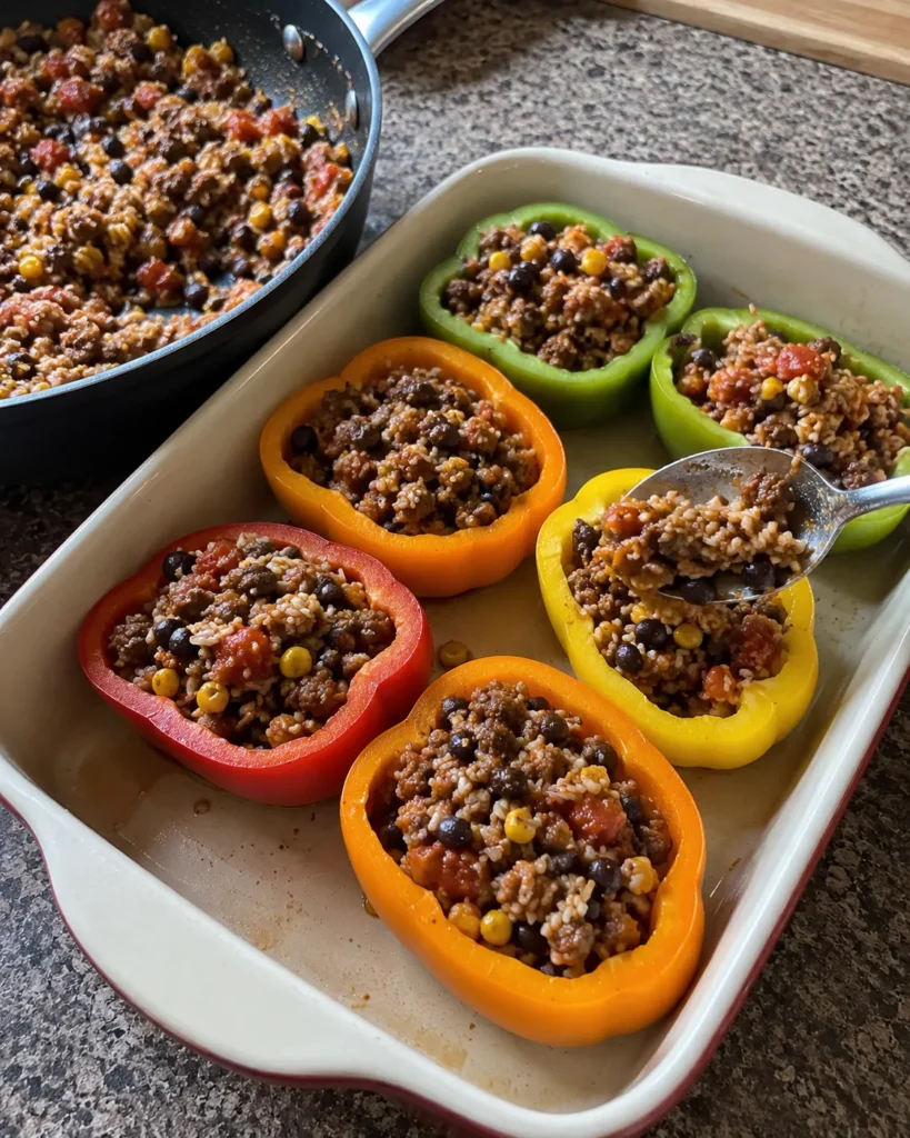 Filling bell pepper halves with beef, rice, black beans, corn, and salsa for Tex-Mex Stuffed Peppers