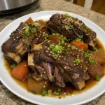 Tender Slow Cooker Korean Short Ribs coated in glossy sauce with carrots and daikon