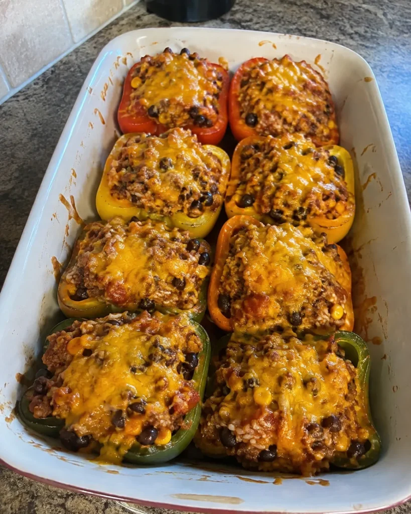Tex-Mex Stuffed Peppers filled with ground beef, rice, black beans, corn, and melted cheese