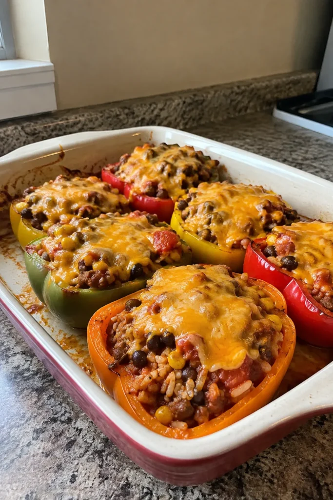 Tex-Mex Stuffed Peppers baked with seasoned beef, rice, beans, corn, salsa, and cheese