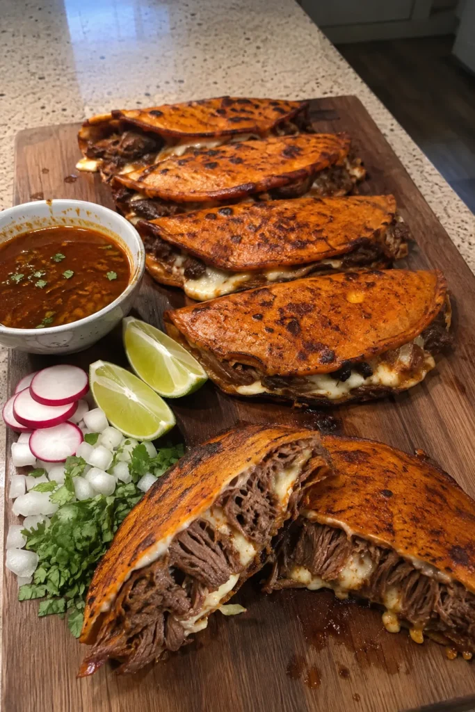 The Crockpot Birria Taco arranged on a board with warm dipping consommé