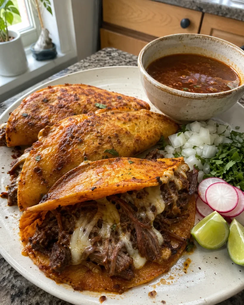 The Crockpot Birria Taco with melted cheese, beef consommé, onion, cilantro, and lime