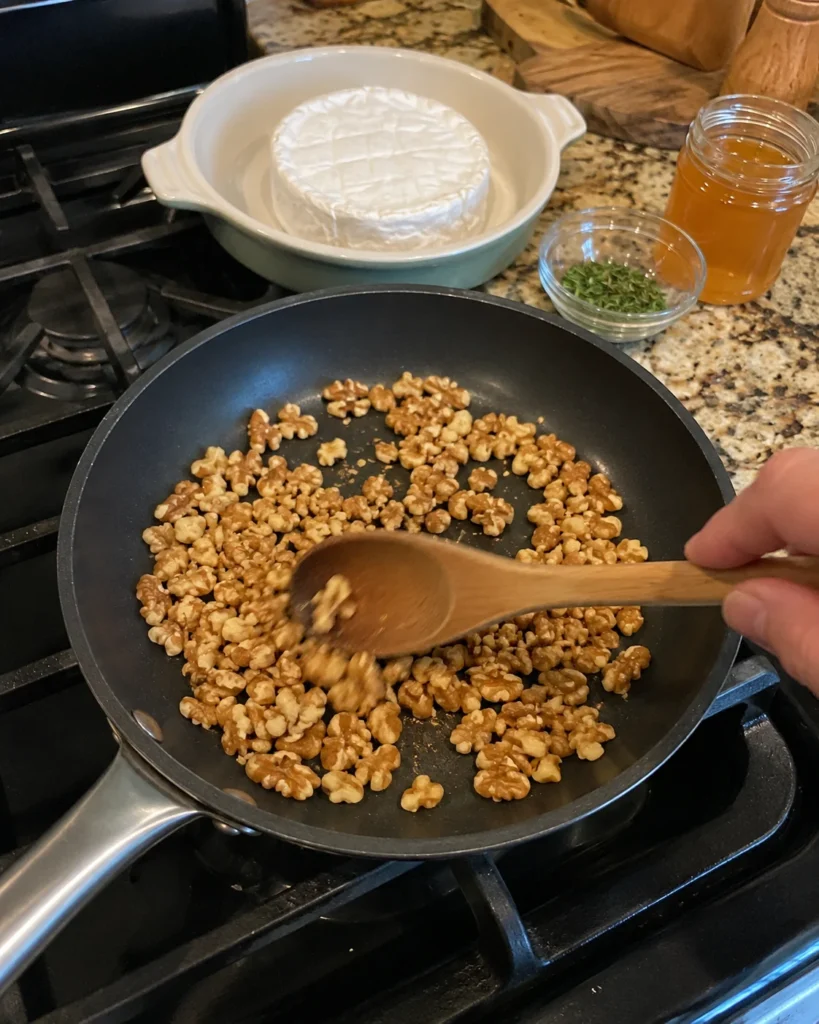 Toasting chopped walnuts for Baked Brie with Honey Walnuts in a dry skillet