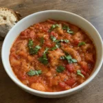 Close-up of Rustic Tomato and Bread Tuscan Soup Recipe with thick tomato and bread texture
