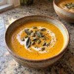 Homemade Acorn Squash Soup with pepitas and sage in a ceramic bowl