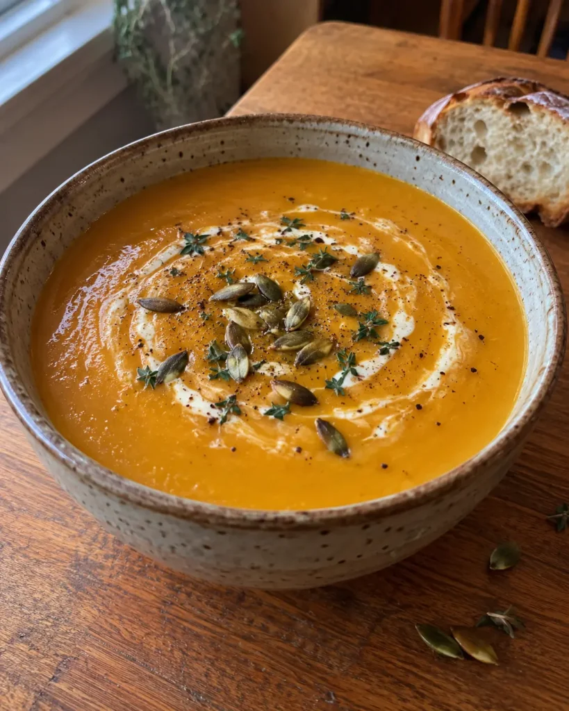 Creamy Apple Butternut Squash Soup topped with thyme and toasted pumpkin seeds