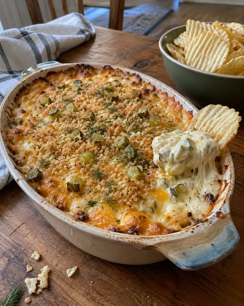 Baked Ranch Pickle Dip with golden panko topping and ridged potato chips