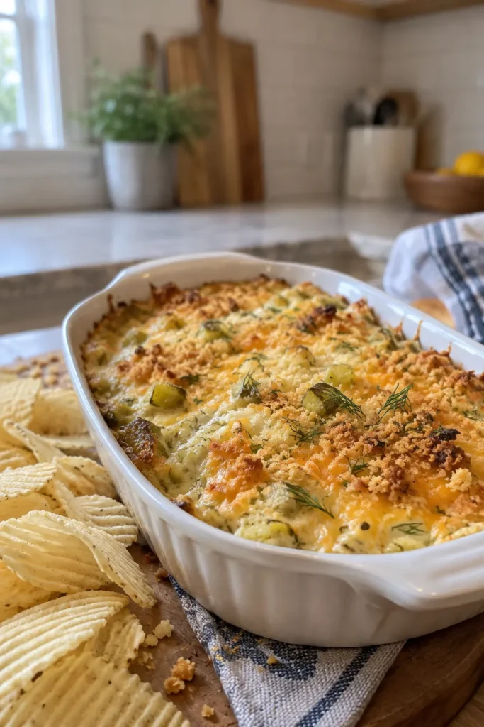 Baked Ranch Pickle Dip served hot with crunchy potato chips