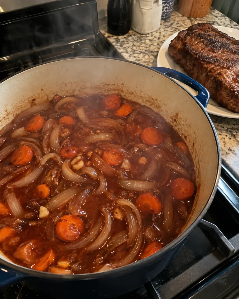 Onion and carrot braising sauce being prepared for Rosh Hashanah Brisket Recipe