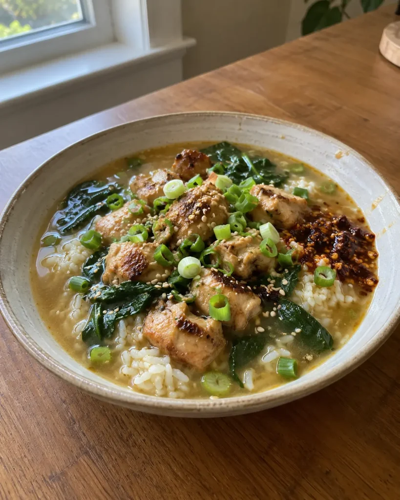 Brothy Rice with Miso Ginger Chicken served with spinach, scallions, and sesame seeds