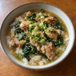 Brothy Rice with Miso Ginger Chicken in a bowl for the recipe card