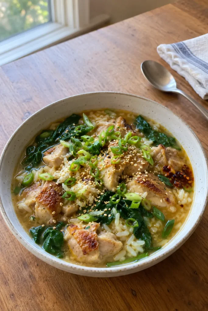 Brothy Rice with Miso Ginger Chicken with tender chicken and jasmine rice