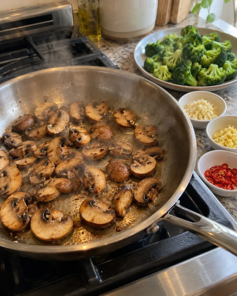 Mushrooms browning for Garlic Chili Broccoli & Mushrooms Stir-Fry