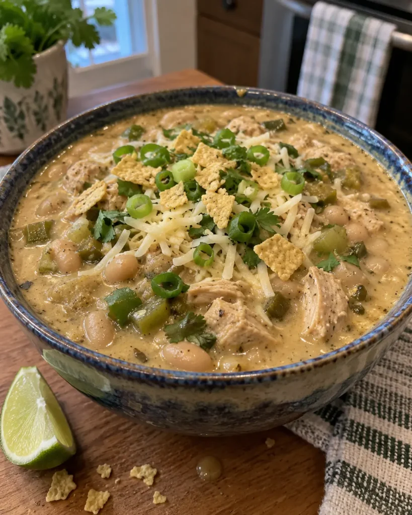 Cajun White Chicken Chili with tender chicken, cannellini beans, green onions, and tortilla chips in a creamy broth.