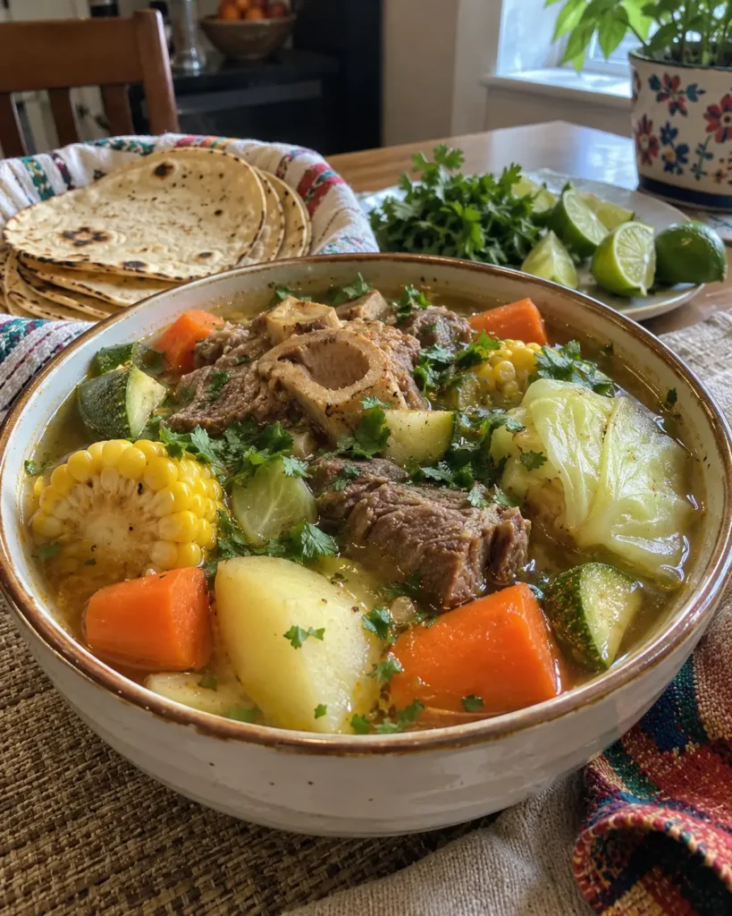 Caldo de Res Recipe with tender beef, corn, carrots, potatoes, cabbage, zucchini, cilantro, and lime