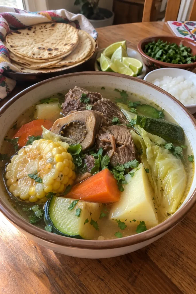 Caldo de Res Recipe with warm tortillas, lime wedges, cilantro, and chunky vegetables