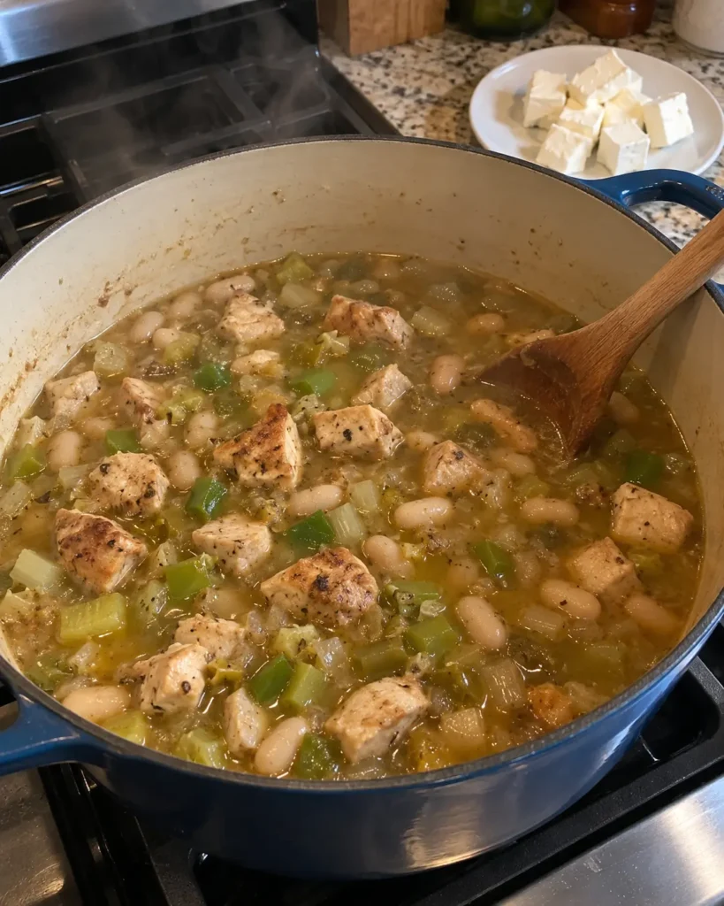 Cajun White Chicken Chili simmering with chicken, cannellini beans, celery, bell pepper, and green chiles in a Dutch oven.