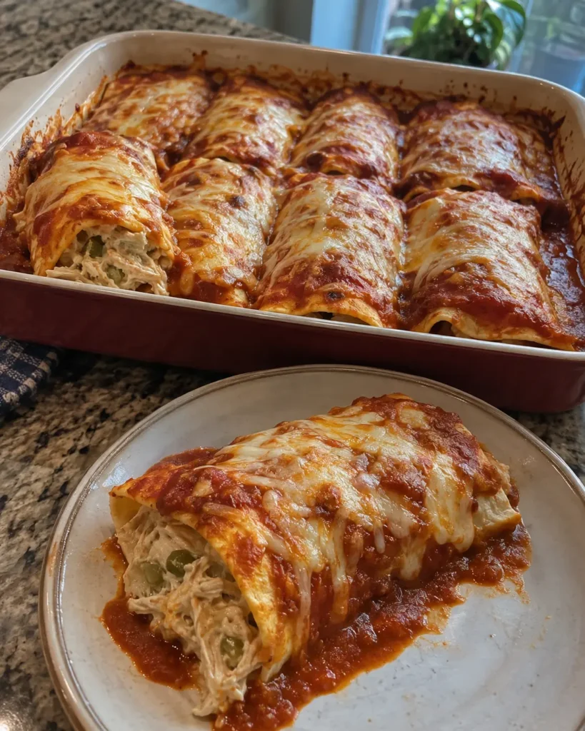 Chicken and Cottage Cheese Enchiladas baked in red sauce with melted Monterey Jack cheese