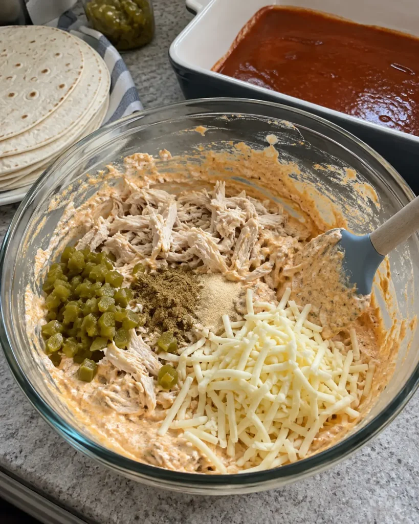 Mixing filling for Chicken and Cottage Cheese Enchiladas