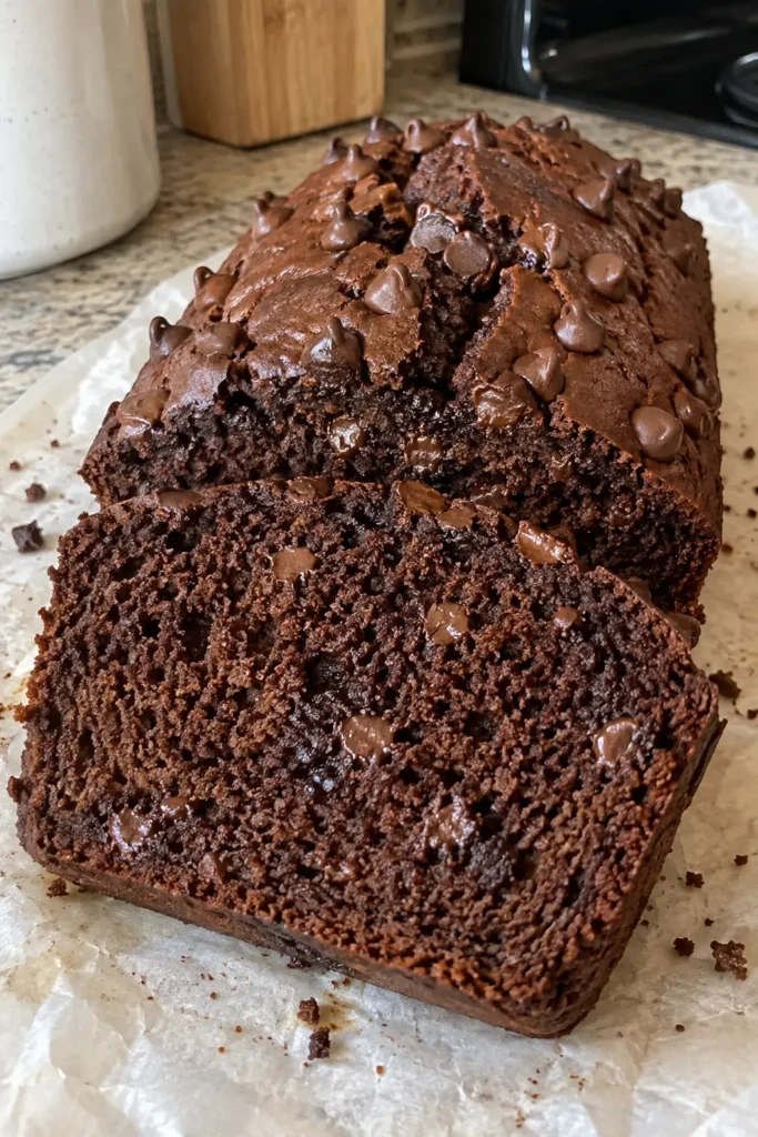Chocolate Pumpkin Bread loaf with thick slices for fall baking