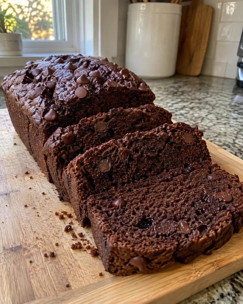 Chocolate Pumpkin Bread sliced on a cutting board with chocolate chips