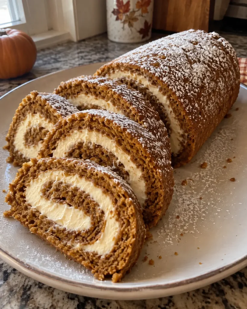 Classic Pumpkin Spice Cake Roll slices with cream cheese filling and powdered sugar