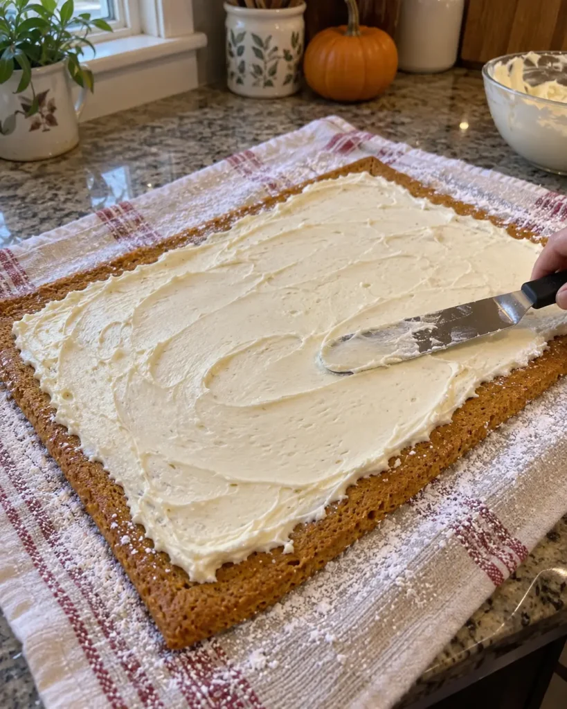 Cream cheese filling spread over Classic Pumpkin Spice Cake Roll before rolling