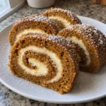 Classic Pumpkin Spice Cake Roll served in neat slices on a plate