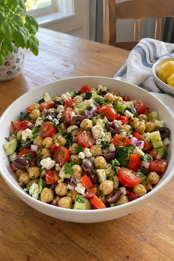 Colorful Mediterranean Chickpea Salad with vegetables and feta cheese