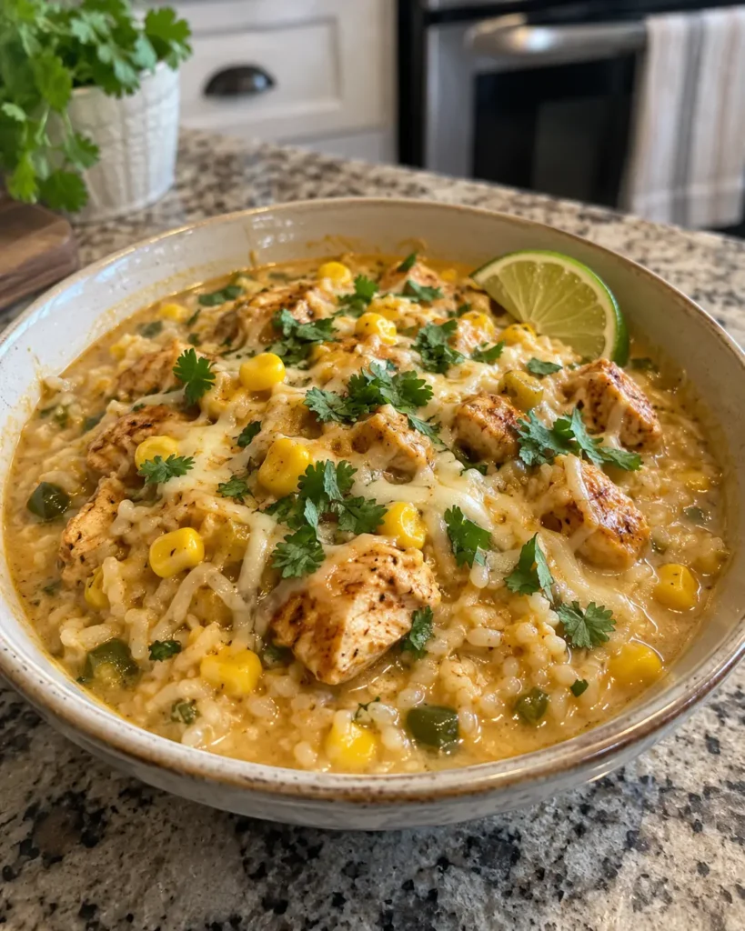 Corn and Jalapeño Brothy Rice with chicken, sweet corn, jalapeño, and creamy broth