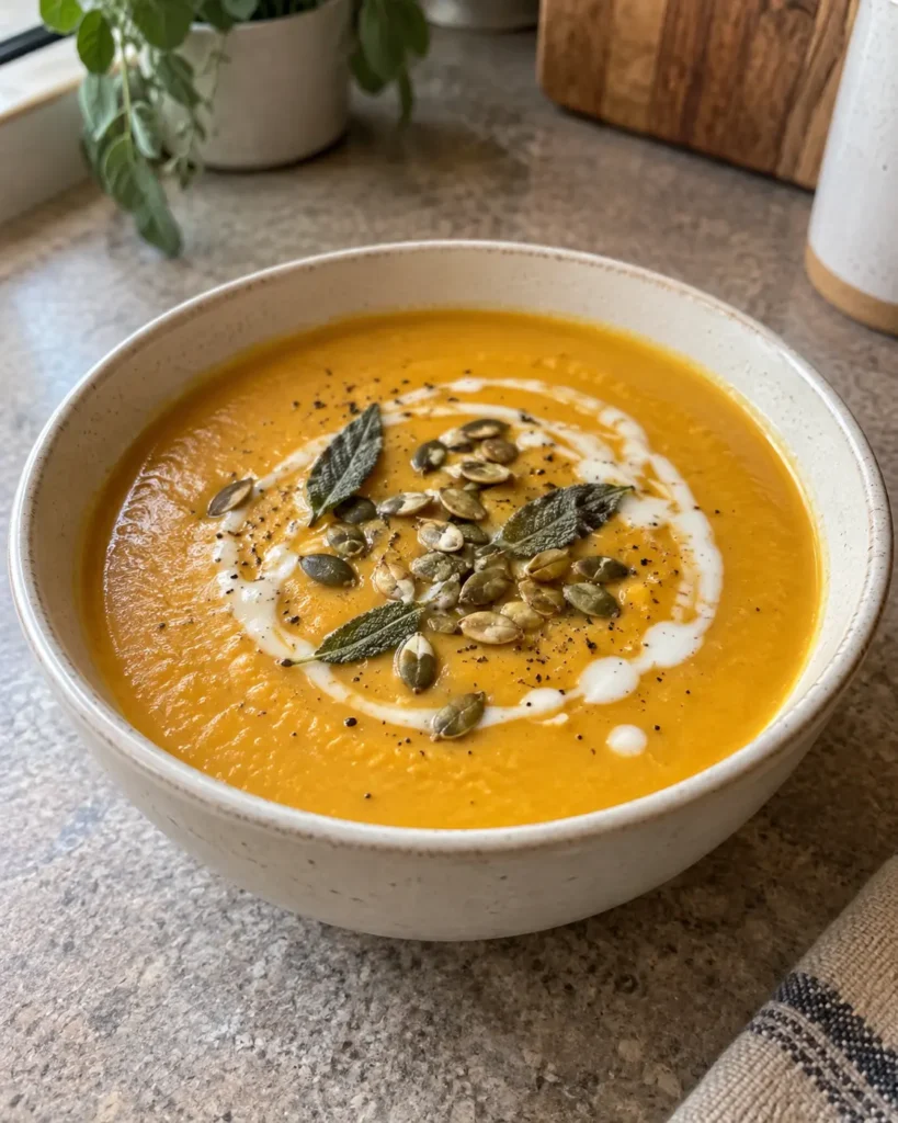 Creamy Acorn Squash Soup topped with pepitas, sage, and coconut milk