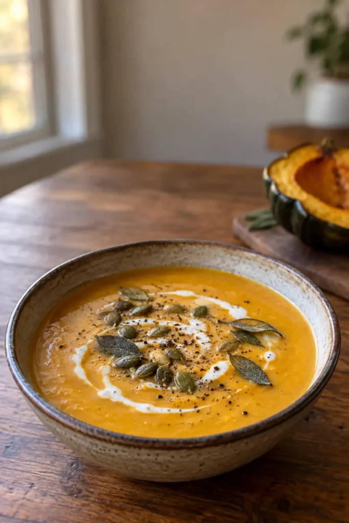 Creamy Acorn Squash Soup with coconut milk swirl and toasted pepitas