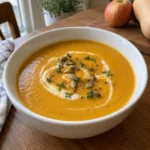 Smooth Apple Butternut Squash Soup served in a white bowl