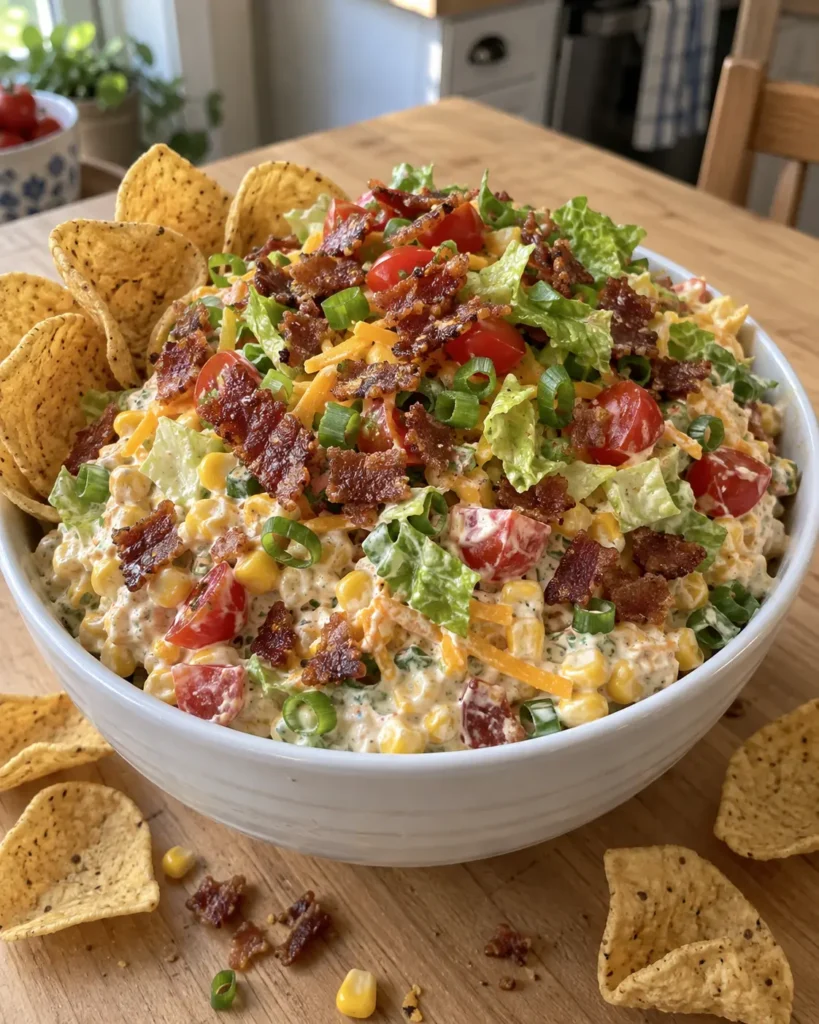 Creamy BLT Corn Dip topped with crisp bacon, tomato, romaine, and corn-chip scoops