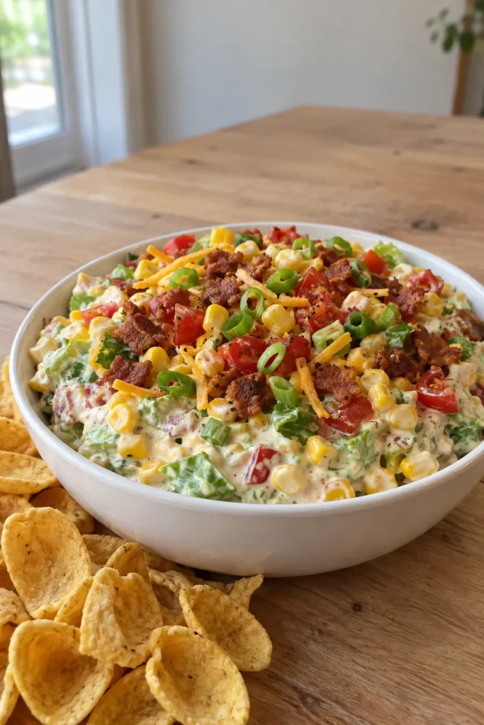 Creamy BLT Corn Dip in a serving bowl with corn chips for a summer party