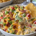 Corn chip scooping Creamy BLT Corn Dip with bacon, cheddar, corn, and tomato