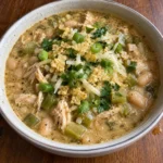 Creamy Cajun White Chicken Chili with chicken, white beans, celery, bell pepper, and fresh toppings.